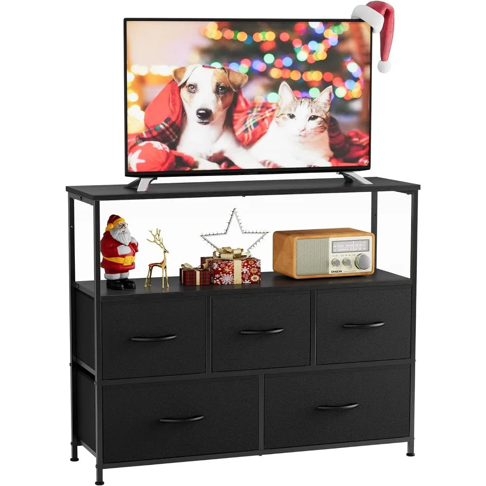 TV Stand for Bedroom, TV Dresser for 45 inches, Media Console Table, Entertainment Center with 5 Fabric Drawers Cabinet