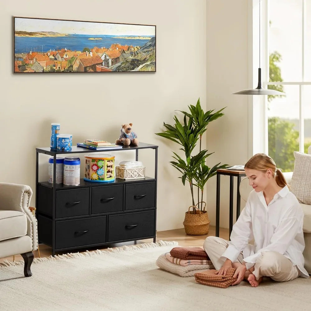 TV Stand for Bedroom, TV Dresser for 45 inches, Media Console Table, Entertainment Center with 5 Fabric Drawers Cabinet