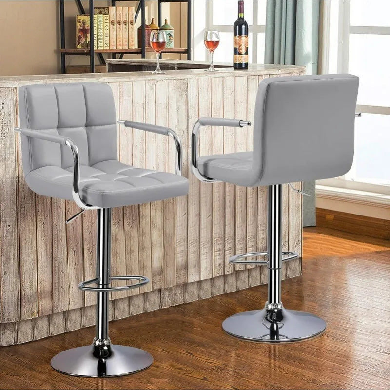 Tall Bar Stools Set of 2 Modern Square PU Leather Adjustable BarStools Counter Height Stools with Arms and Back Bar Chairs