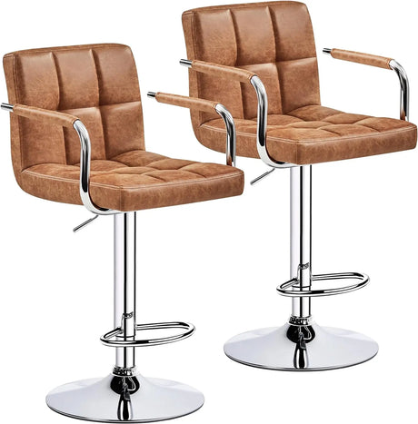 Tall Bar Stools Set of 2 Modern Square PU Leather Adjustable BarStools Counter Height Stools with Arms and Back Bar Chairs