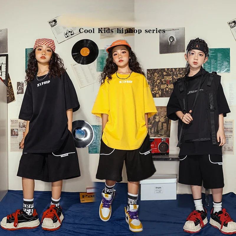 Teenagers Kpop Street Outfits Hip Hop Clothing Kids Black Vest Loose T Shirt Baggy Shorts Girls Boys Jazz Dance Costume Clothes