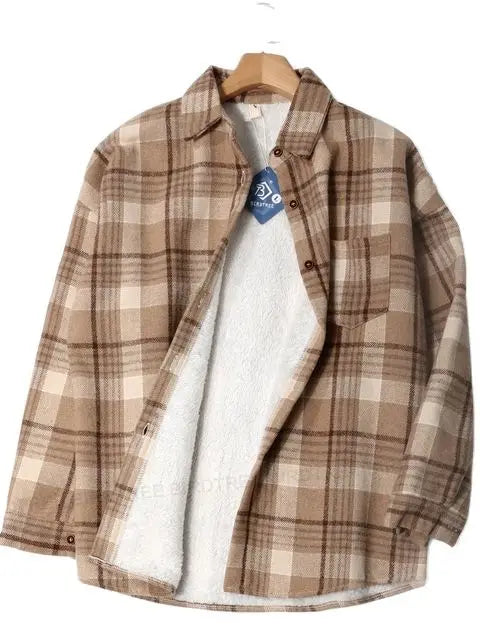 Thick Velvet Plaid Shirts Women Winter Warm Blouses and Tops New Casual Woolen Shirt Jacket Female Clothes Coat Outwear C17001X