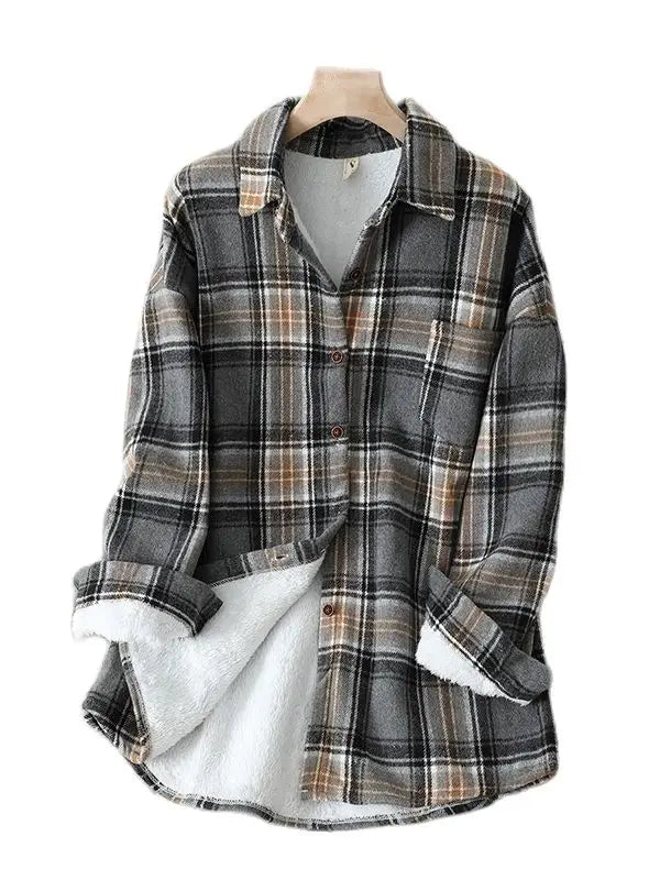 Thick Velvet Plaid Shirts Women Winter Warm Blouses and Tops New Casual Woolen Shirt Jacket Female Clothes Coat Outwear C17001X