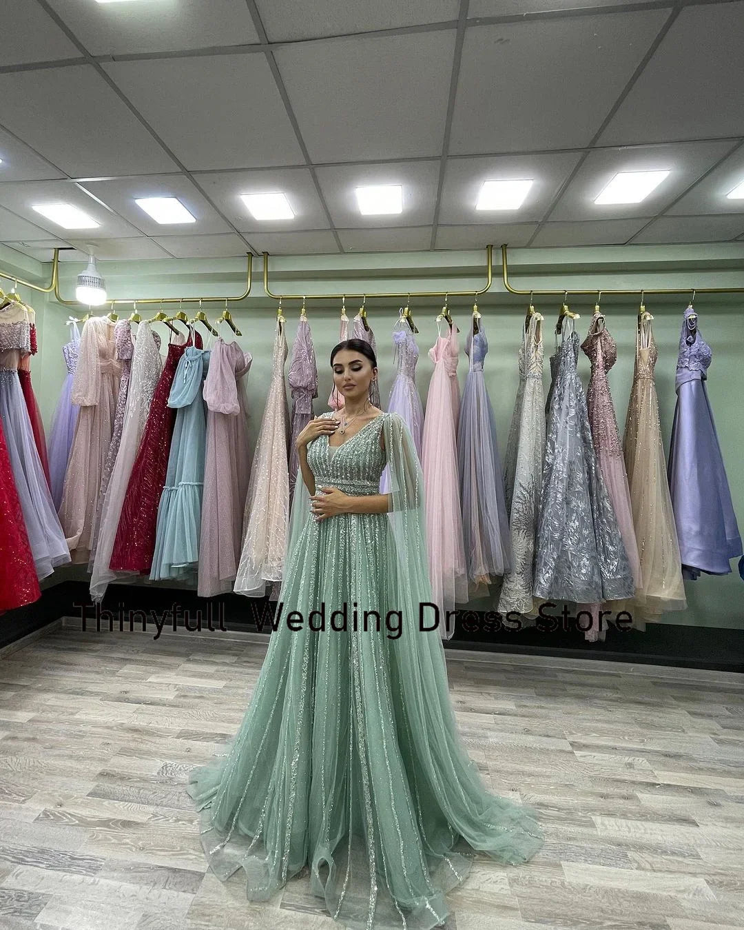 Thinyfull Arabic Sequin Tulle Prom Dresses A-line Long Cap Sleeves Evening Party Dress Formal Occasion Gown Robe De Soirée 2024