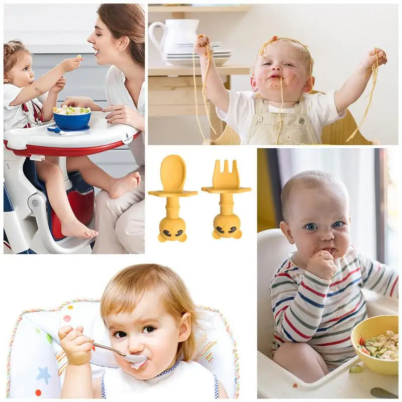 Toddler Fork And Spoon Set Cartoon Shape Silicone Toddler Utensils Cartoon Panda Design Feeding Tableware Dinner Kit for Home