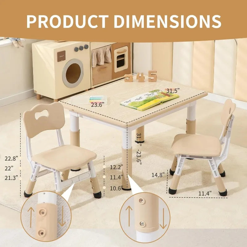 Toddler Table and 2 Chairs, Height-Adjustable Kids Table and Chairs Set, 31.5''L x 23.6''W Children Activity Table for Boys