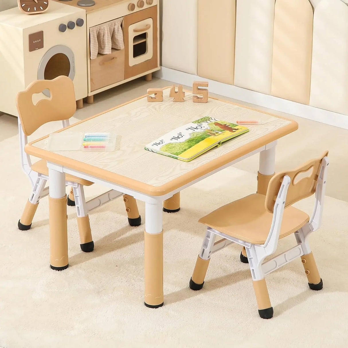 Toddler Table and 2 Chairs, Height-Adjustable Kids Table and Chairs Set, 31.5''L x 23.6''W Children Activity Table for Boys