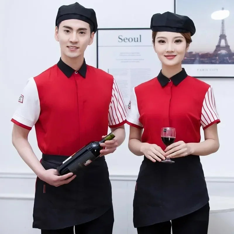 Top Workwear Shop Short-sleeved Coffee Tea Waitress Restaurant Uniform Women Shops Single Shirt Hot Waiter Pot Summer Milk