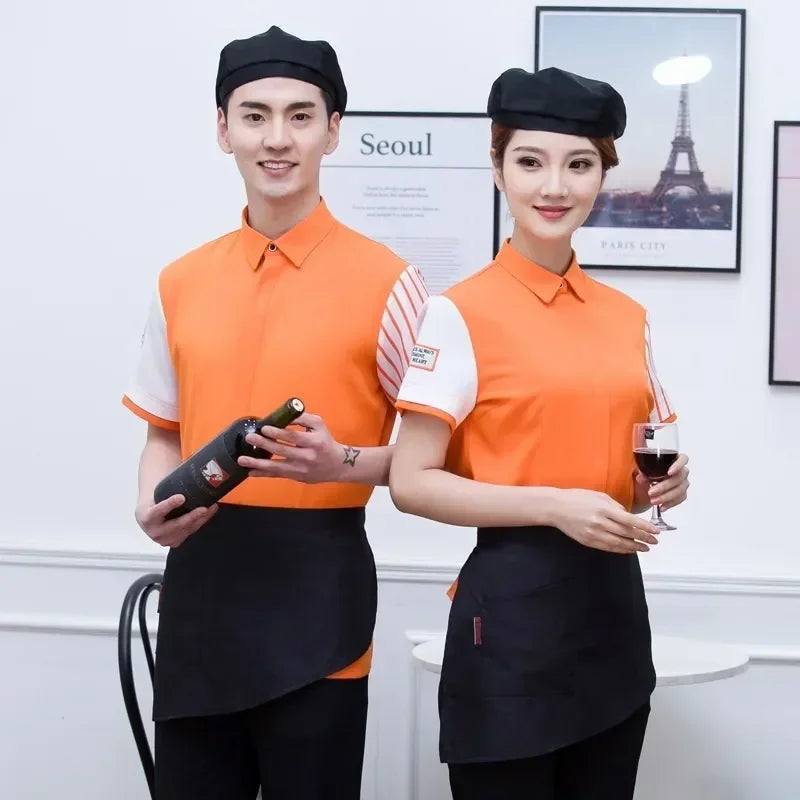 Top Workwear Shop Short-sleeved Coffee Tea Waitress Restaurant Uniform Women Shops Single Shirt Hot Waiter Pot Summer Milk