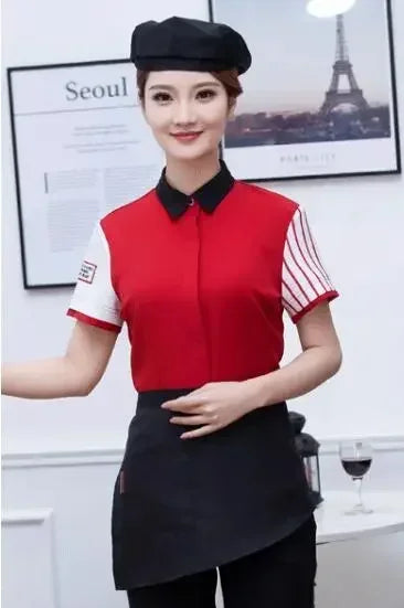 Top Workwear Shop Short-sleeved Coffee Tea Waitress Restaurant Uniform Women Shops Single Shirt Hot Waiter Pot Summer Milk