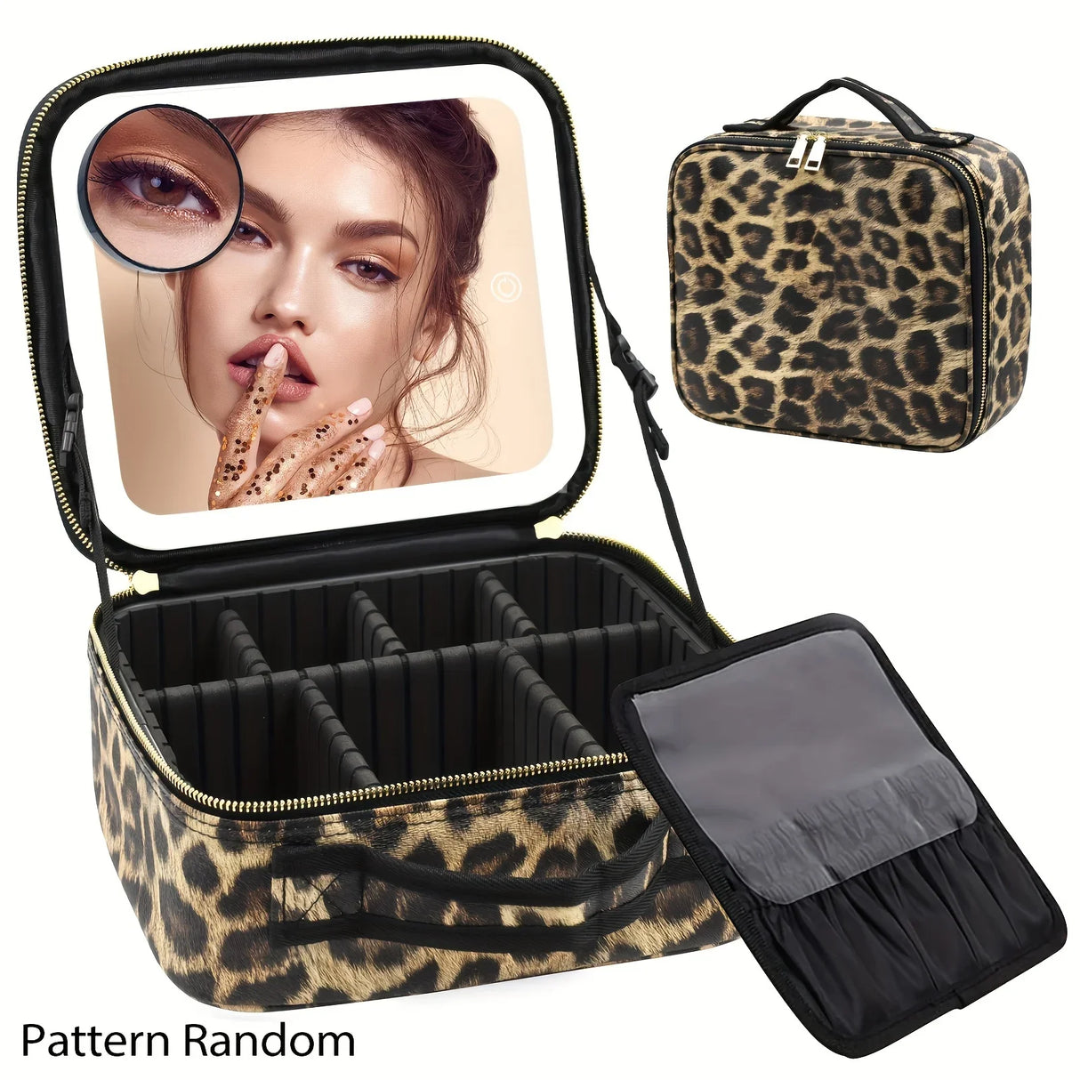 Travel Makeup Bag with Mirror of LED Lighted, Makeup Train Case with Adjustable Dividers, Detachable 10x Magnifying Mirror