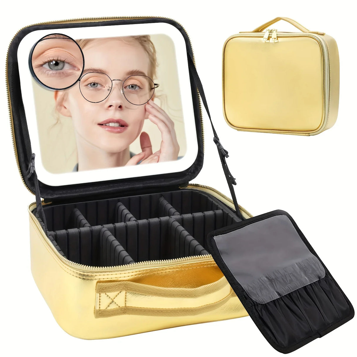 Travel Makeup Bag with Mirror of LED Lighted, Makeup Train Case with Adjustable Dividers, Detachable 10x Magnifying Mirror