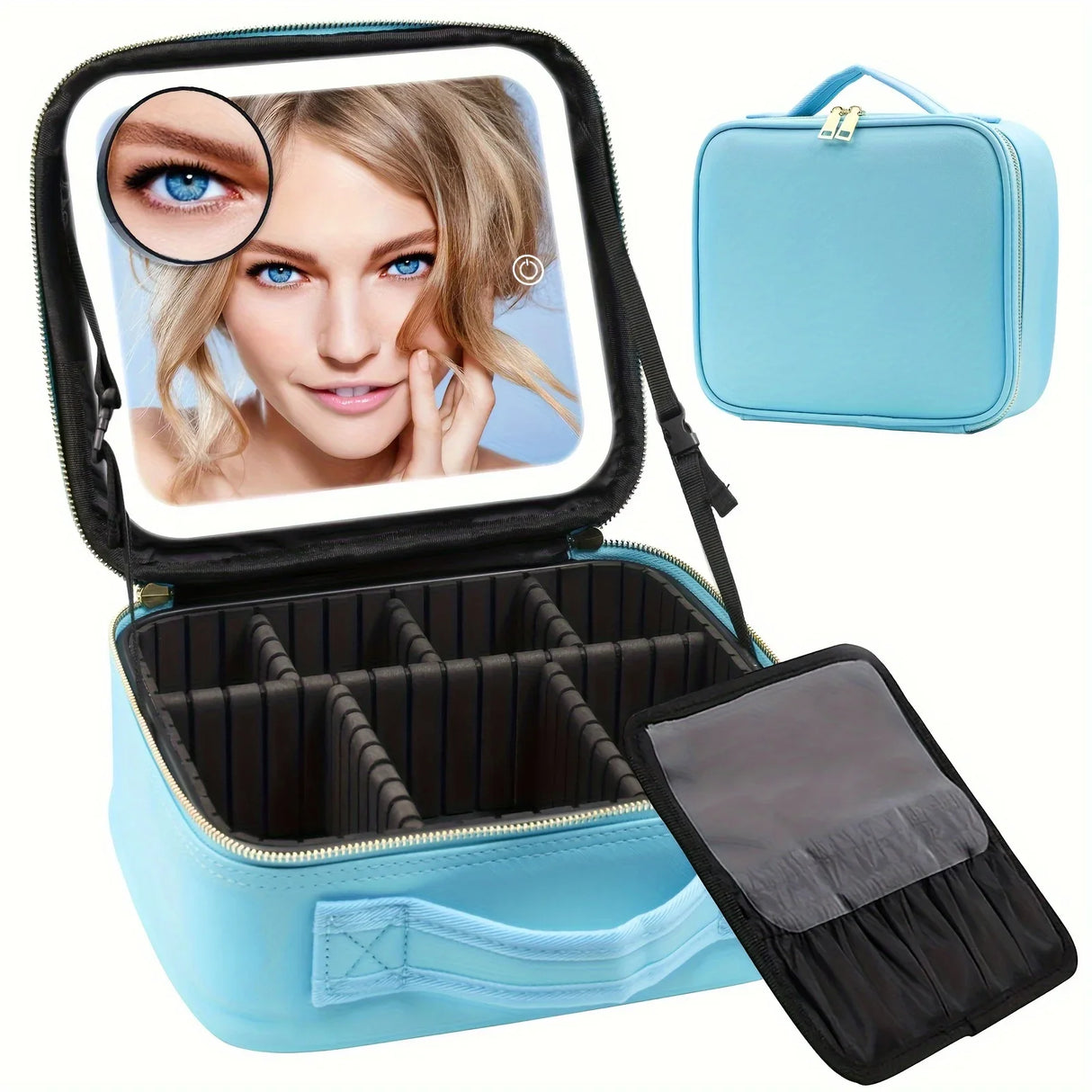 Travel Makeup Bag with Mirror of LED Lighted, Makeup Train Case with Adjustable Dividers, Detachable 10x Magnifying Mirror