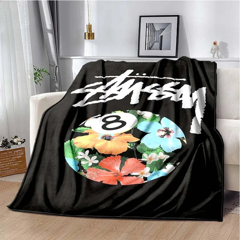 Trendy street sports fashion S-Stussy soft Flannel Throw blanket Children and adult Gift Sofa Travel Camping Household blanket