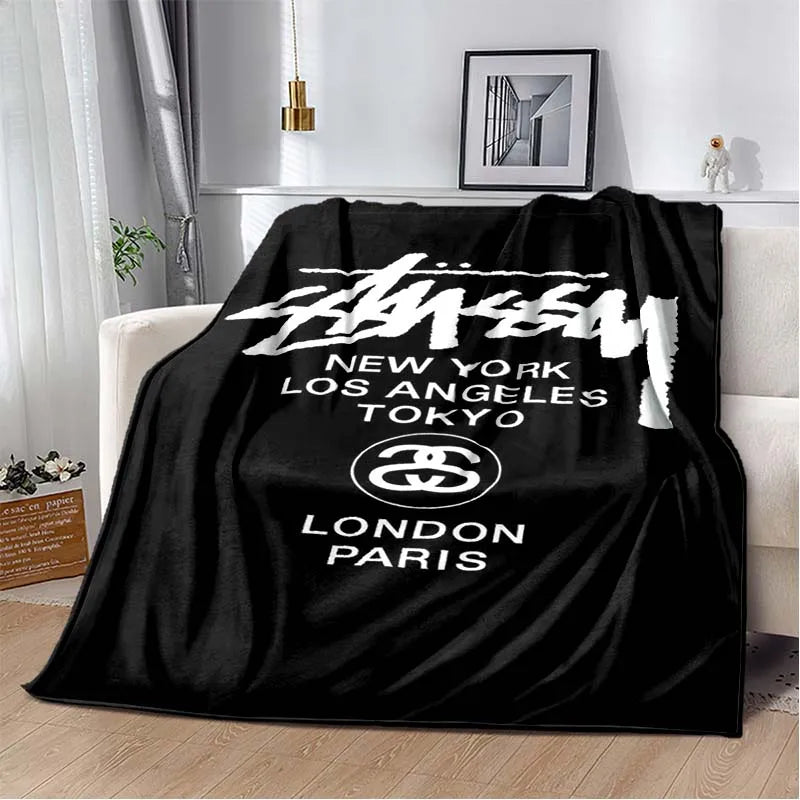 Trendy street sports fashion S-Stussy soft Flannel Throw blanket Children and adult Gift Sofa Travel Camping Household blanket