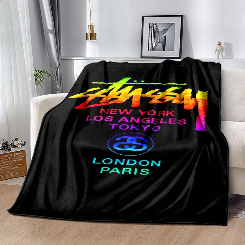 Trendy street sports fashion S-Stussy soft Flannel Throw blanket Children and adult Gift Sofa Travel Camping Household blanket