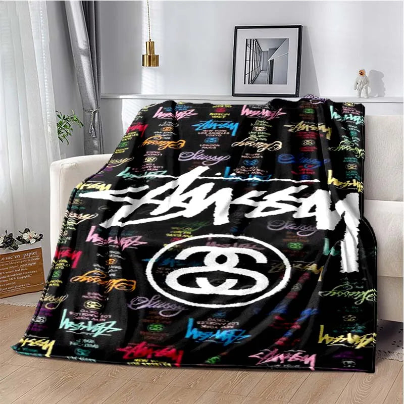 Trendy street sports fashion S-Stussy soft Flannel Throw blanket Children and adult Gift Sofa Travel Camping Household blanket