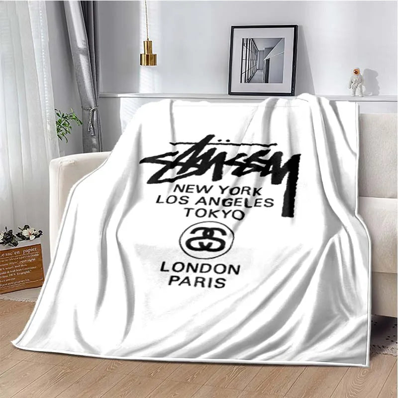 Trendy street sports fashion S-Stussy soft Flannel Throw blanket Children and adult Gift Sofa Travel Camping Household blanket