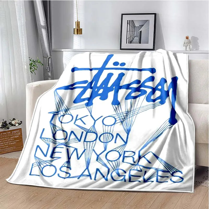 Trendy street sports fashion S-Stussy soft Flannel Throw blanket Children and adult Gift Sofa Travel Camping Household blanket