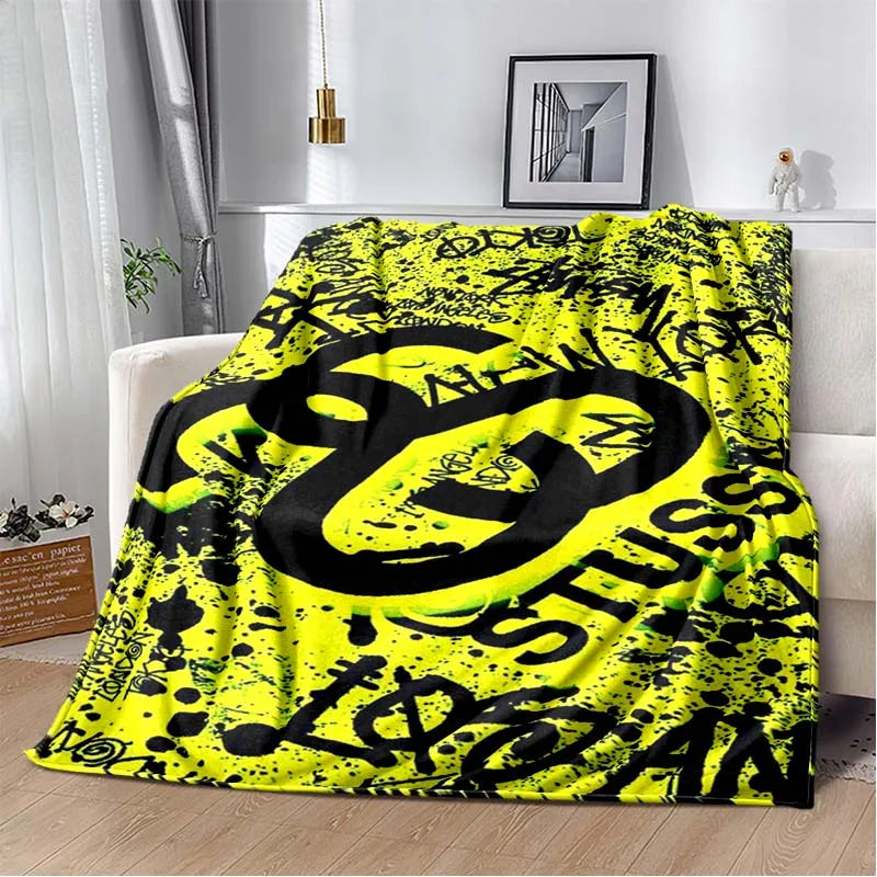 Trendy street sports fashion S-Stussy soft Flannel Throw blanket Children and adult Gift Sofa Travel Camping Household blanket