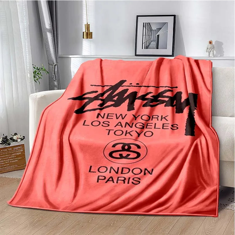 Trendy street sports fashion S-Stussy soft Flannel Throw blanket Children and adult Gift Sofa Travel Camping Household blanket