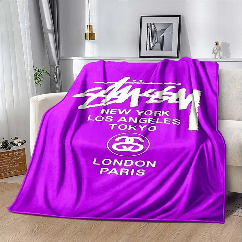 Trendy street sports fashion S-Stussy soft Flannel Throw blanket Children and adult Gift Sofa Travel Camping Household blanket