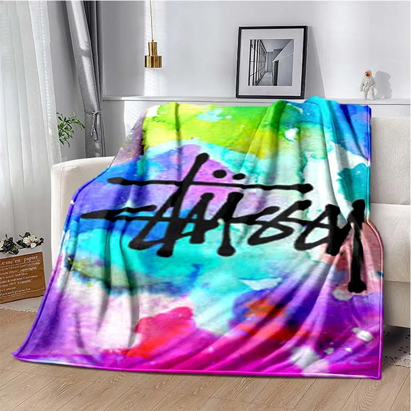 Trendy street sports fashion S-Stussy soft Flannel Throw blanket Children and adult Gift Sofa Travel Camping Household blanket