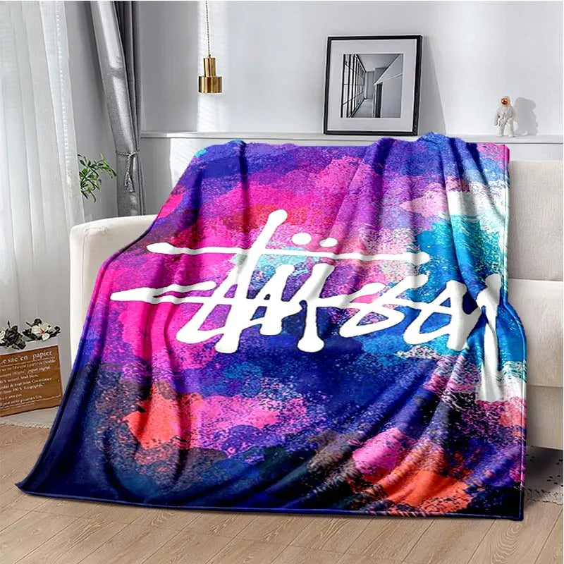 Trendy street sports fashion S-Stussy soft Flannel Throw blanket Children and adult Gift Sofa Travel Camping Household blanket