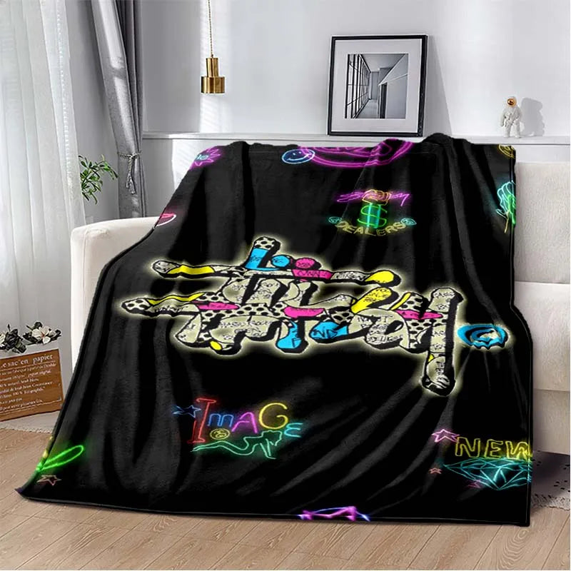 Trendy street sports fashion S-Stussy soft Flannel Throw blanket Children and adult Gift Sofa Travel Camping Household blanket