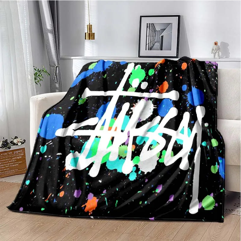 Trendy street sports fashion S-Stussy soft Flannel Throw blanket Children and adult Gift Sofa Travel Camping Household blanket