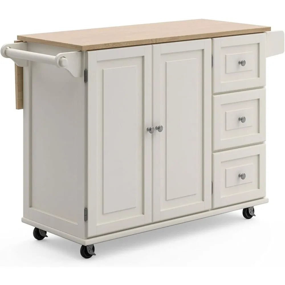 Trolley Mobile Kitchen Island Cart with Wood Drop Leaf Breakfast Bar, Off White,Soft White, 54 Inch Width