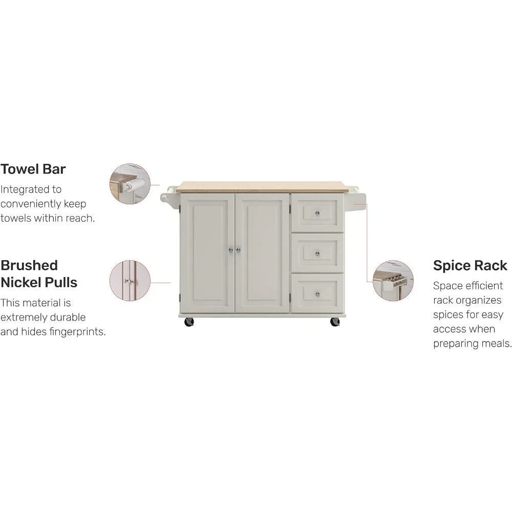 Trolley Mobile Kitchen Island Cart with Wood Drop Leaf Breakfast Bar, Off White,Soft White, 54 Inch Width