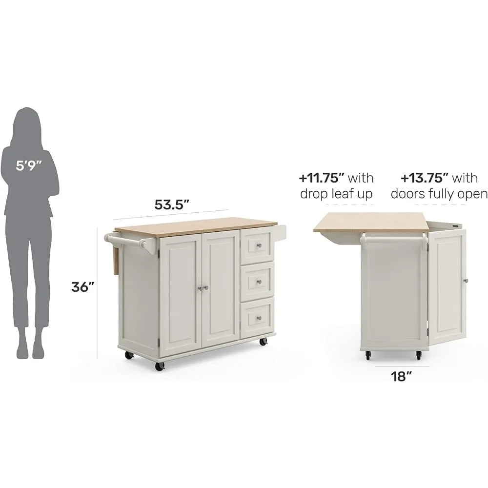 Trolley Mobile Kitchen Island Cart with Wood Drop Leaf Breakfast Bar, Off White,Soft White, 54 Inch Width