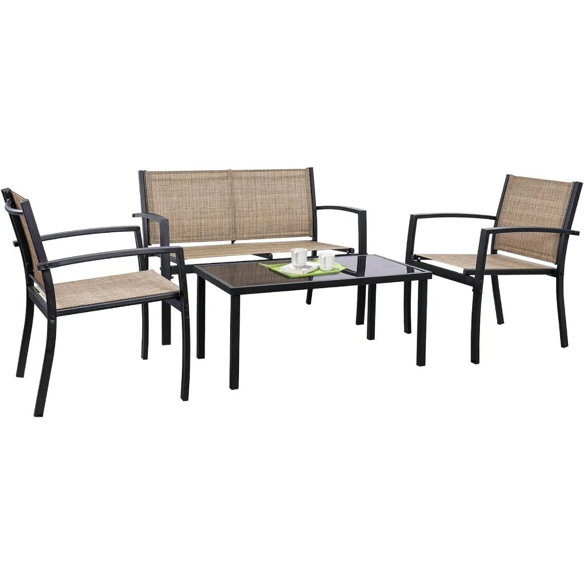 Tuoze 4 Pieces Outdoor Patio Furniture Conversation Glass Coffee Table Bistro Set with Loveseat Garden Yard Lawn and Balcony