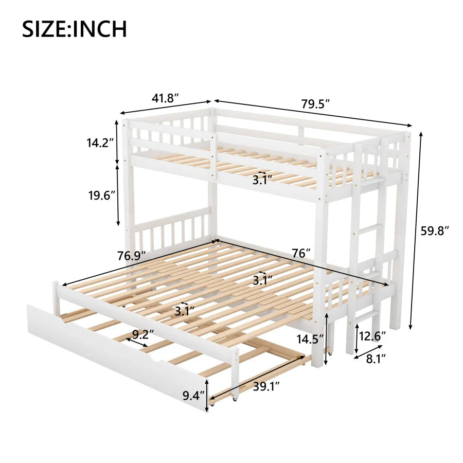 Twin over Twin Pull-out Bunk Bed with Trundle,both with wheels,High-Quality Bunk Bed,Safe & Convenient for Children bedroom use