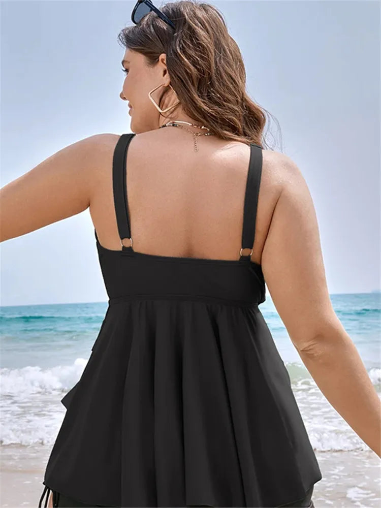 Two Piece Woman Swimsuits Plus Size Swimwear Knotted Front Ruffle Tiered Tankini Top And High Waisted Bottom Bathing Suit