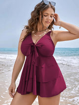 Two Piece Woman Swimsuits Plus Size Swimwear Knotted Front Ruffle Tiered Tankini Top And High Waisted Bottom Bathing Suit