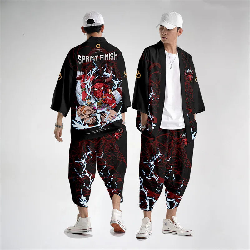 Two-piece Suit XXS-6XL Loose Japanese Cardigan Women Men Cosplay Yukata Clothing Harajuku Samurai Kimono + Pants Sets