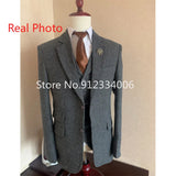 Gray Wool Tweed Winter Men Suit's For Wedding Formal Groom Tuxedo Herringbone Male Fashion 3 Piece Suit (Jacket + Vest + Pants)