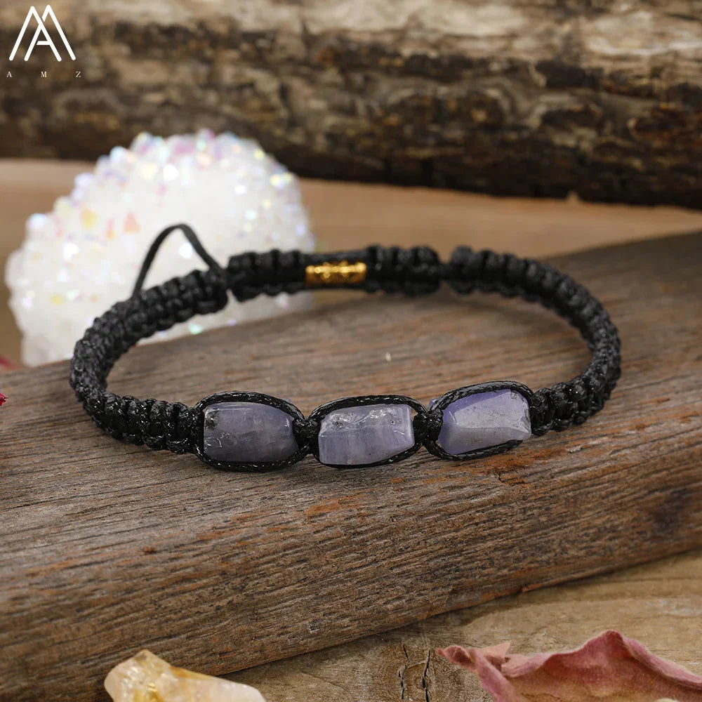 Natural Black Tourmaline Nugget Beads Cord Knotted Braid Bracelet Adjustable Women Black Lava Stone Woven Bracelet