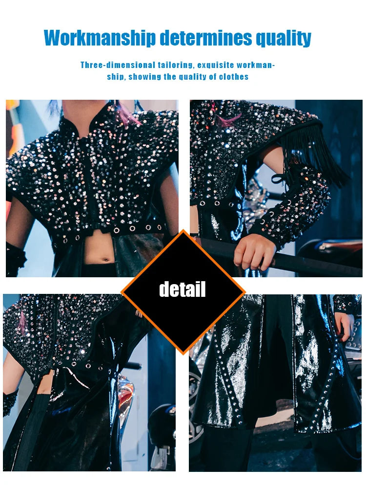 ZZL Fashion Girls Catwalk Performance Clothes K-pop Stage Outfits 4 Pcs Black Sequin Dress Jazz Hip-hop Street Dance Costume