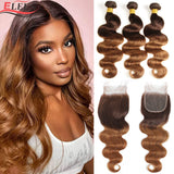 Ombre Body Wave Bundles With Closure Brazilian Human Hair Weave Bundles With Closure T4/30 Colored Bundles With Lace Closure