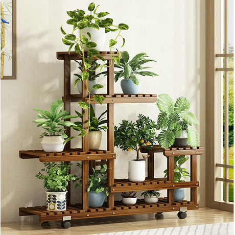 UNHO Wooden Plant Stand with Wheels Multi-Layer Rolling Plant Flower Display Shelf Indoor Movable Storage Rack Holder Outdoor fo