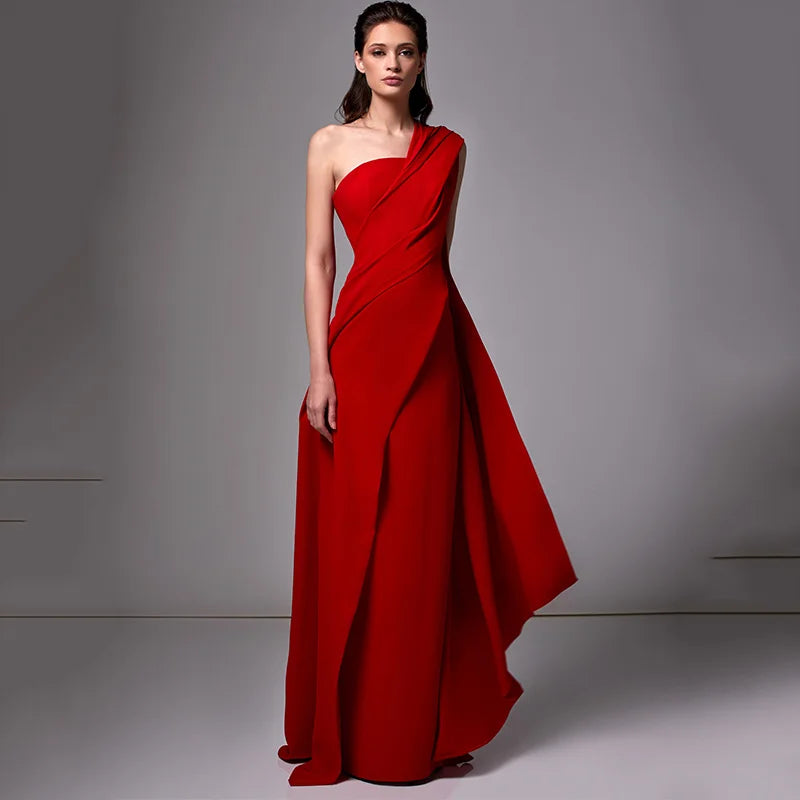 UZN Elegant Red A-Line Evening Dresses One Shoulder Asymmetrical Neck Prom Dress Satin Floor-Length Saudi Arabia Party Gown