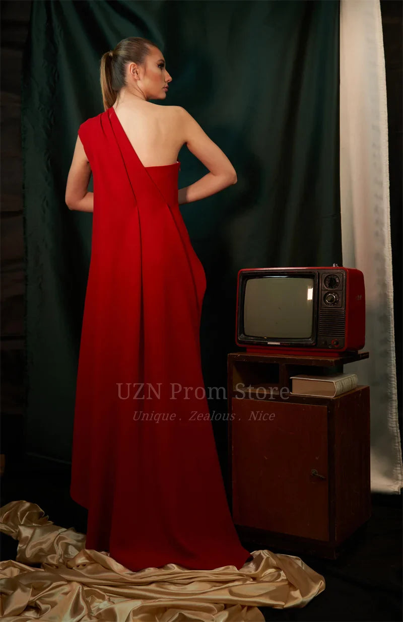 UZN Elegant Red A-Line Evening Dresses One Shoulder Asymmetrical Neck Prom Dress Satin Floor-Length Saudi Arabia Party Gown