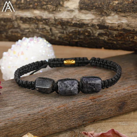 Natural Black Tourmaline Nugget Beads Cord Knotted Braid Bracelet Adjustable Women Black Lava Stone Woven Bracelet