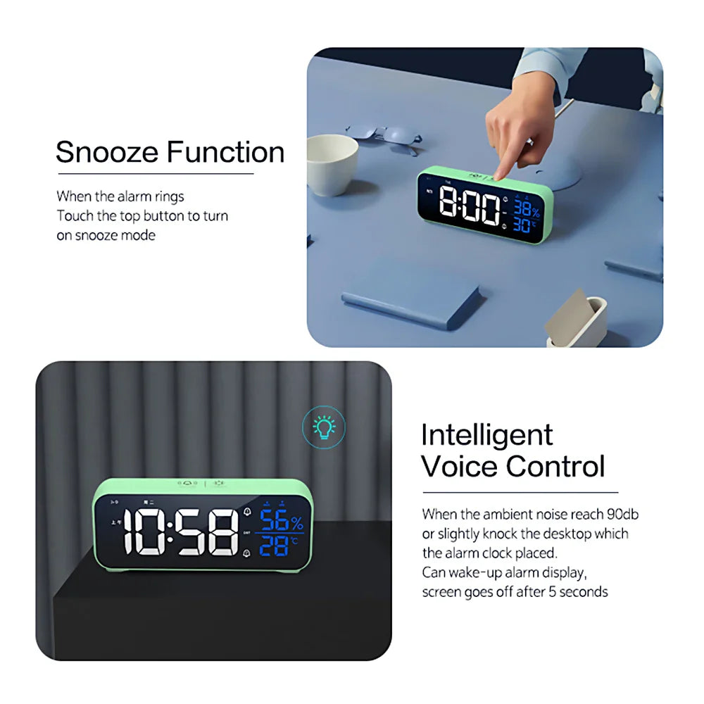 Music LED Digital Alarm Clock Voice Control Temperature Humidity Display Desktop Clocks Home Table Decoration Built-in 1200mAh