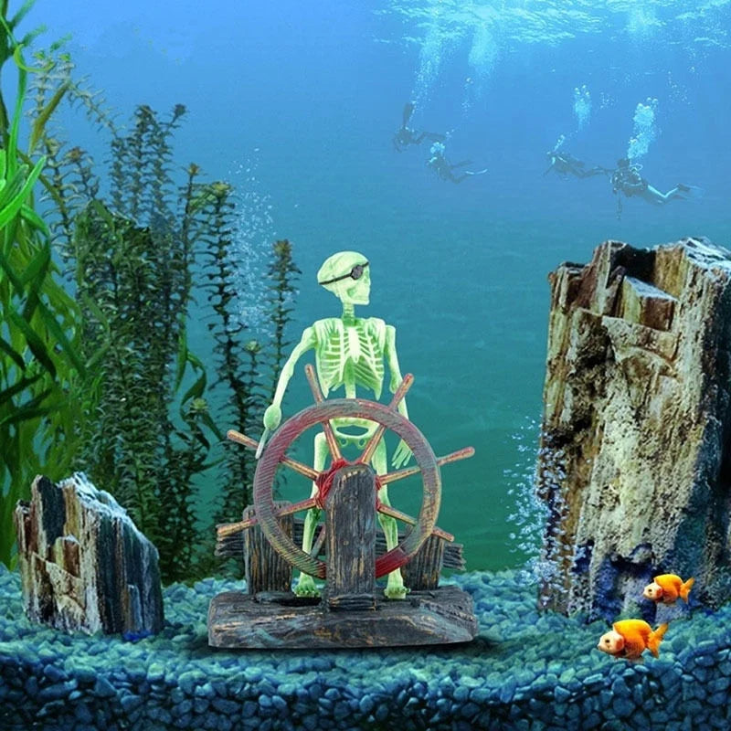 Pirate Captain Aquarium Artificial Ornament  Landscape Skeleton on Wheel Action Figures Fish Tank Decorations