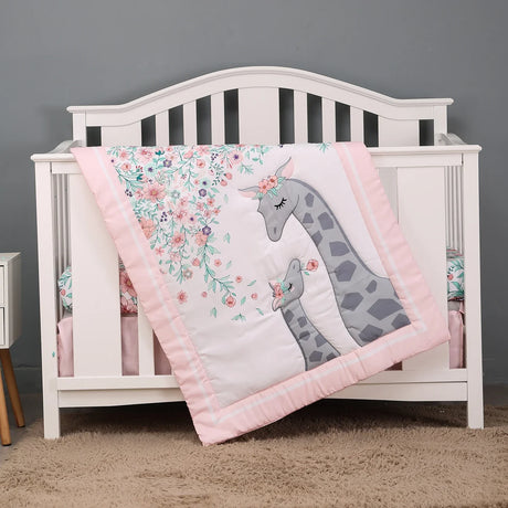 3pcs micro fiber brushed Baby Crib Bedding Set pink girrafe design for Girls hot sale including quilt, crib sheet, crib skirt