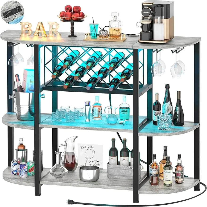 Unikito 4-Tier Metal Coffee Bar Cabinet with Outlet and LED Light, Freestanding Table for Liquor Glass Holder Wine Rack Storage